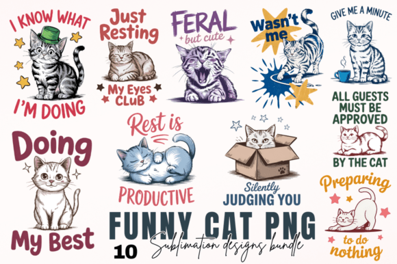 Download Funny Cat PNG Sublimation Designs Bundle - Design Collection